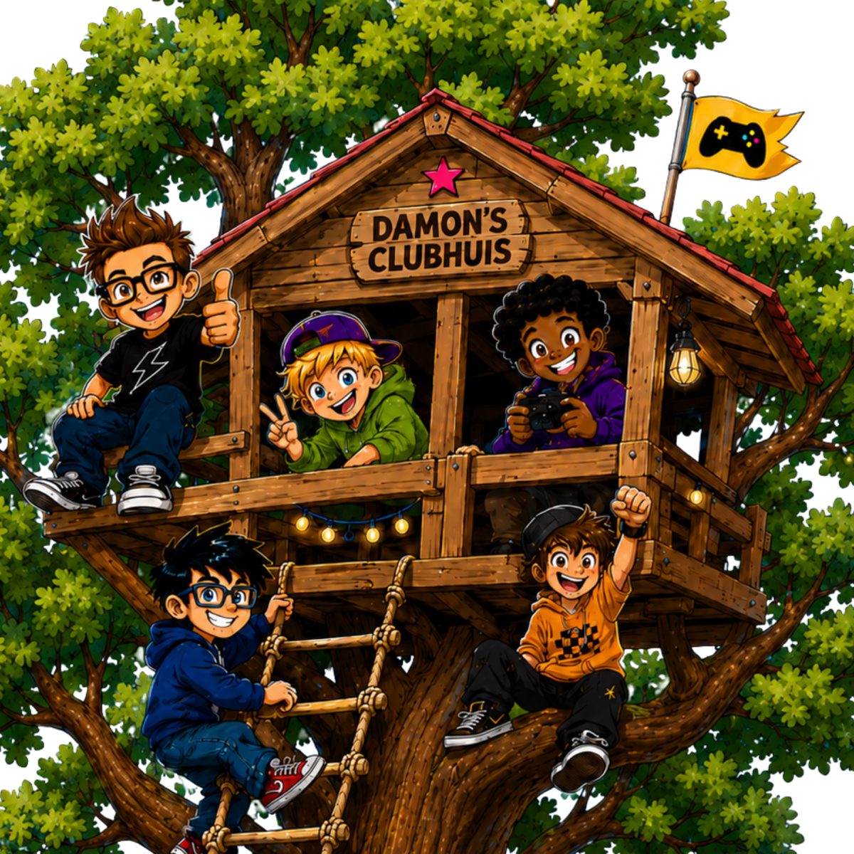Damon en vrienden in het boomhuisclubhuis
